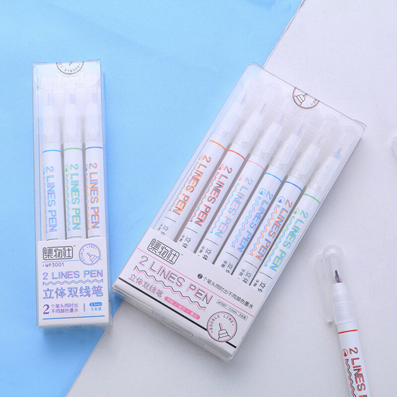 6pcs Creative color Double Line Pen Cute Two-color Line Art Drawing Foremost Mark Dimensional Fluorescent Bookkeeping Pen
