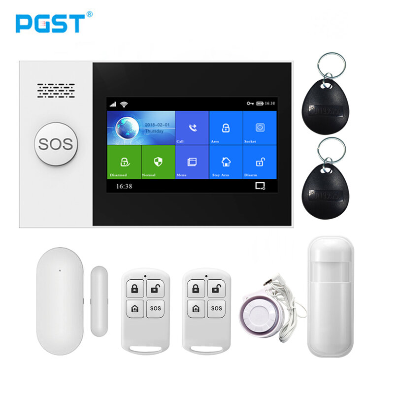 Pgst PG107 Tuya Alarm Systeem 4.3 Inch Scherm Wifi Gsm Gprs Inbreker Home Security Met Pir Motion Sensor Fire Smoke detector