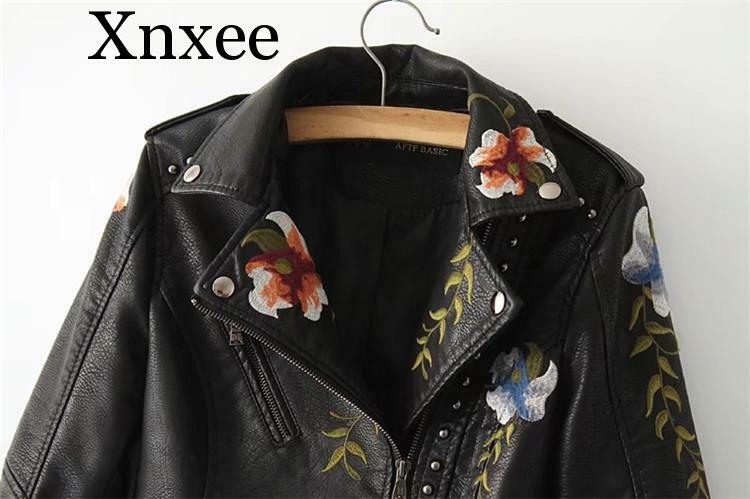 Embroidery faux leather PU Jacket Women Spring Autumn Fashion Motorcycle Jacket Black faux leather coats Outerwear Coat HOT