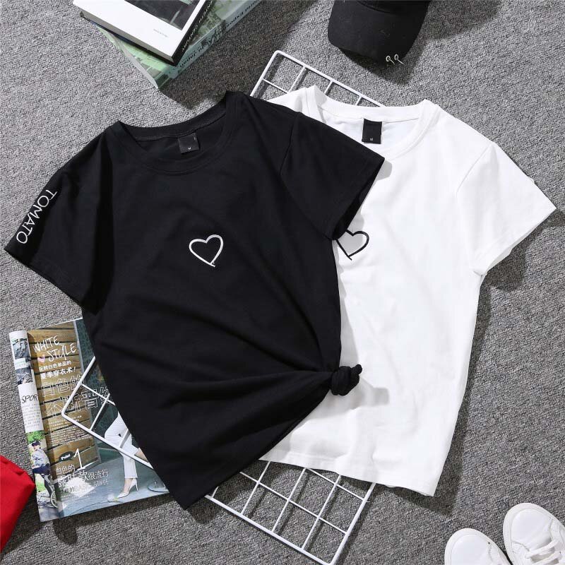Camiseta estampada casual branca e feminina, camiseta amor com estampa de coração, bordado, verão, 2020