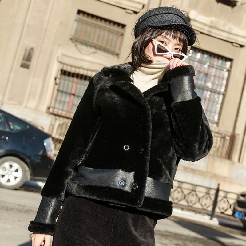 진품 가죽 코트 한국 스타일 진품 모피 시어링 재킷 여성용, 따뜻한 오토바이 의류, 긴 소매, 신상, 겨울