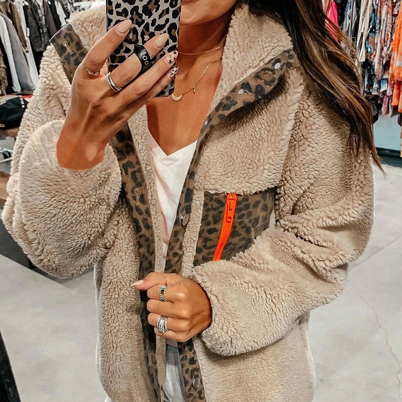 Outono outwear feminino pele do falso leopardo impressão com capuz jaqueta quente teddy suede camisolas sexy manga longa topos casaco de inverno casual