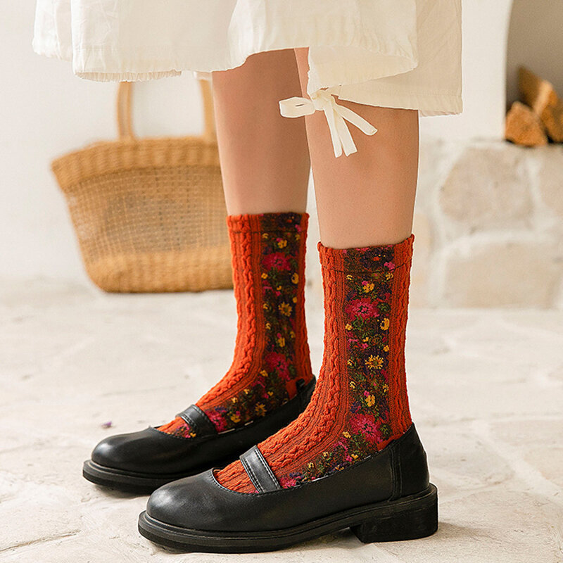 Новинка 2019, модные женские носки, хлопковые европейские Этнические женские носки с цветами на осень и зиму, теплые и милые