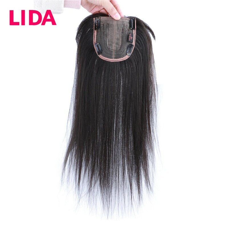 Lida Wig Penutup Lurus Campuran Klip-in Ekstensi Rambut dengan Poni Bagian Tengah Wig Garis Rambut Alami untuk Wanita