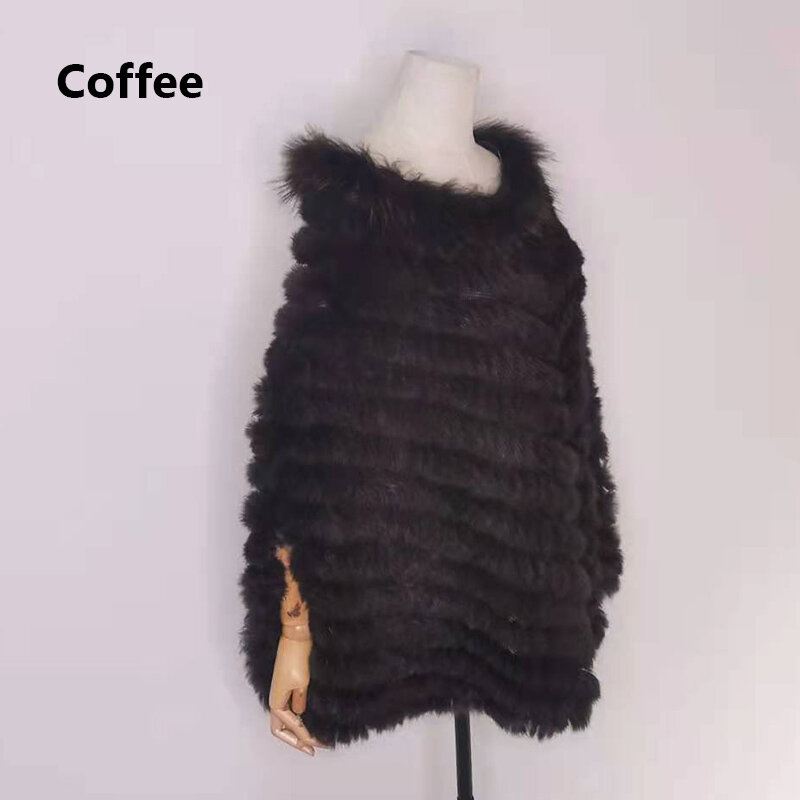 2021 Women Rabbit Fur Raccoon Fur Poncho Knitted Pullover Cape Real Fur Knitting Wraps Shawl Big Shawl