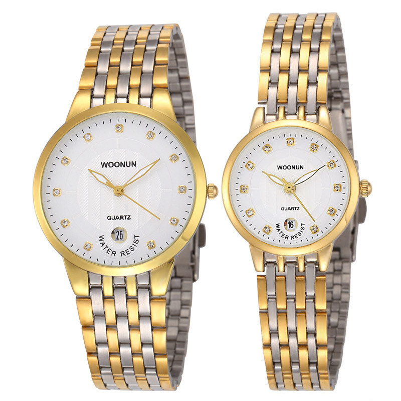 2023 Top marka luksusowe zegarki dla par WOONUN moda kochanka para zestaw zegarków mężczyźni kobiety Ultra cienki złoty zegarek kwarcowy ze stali nierdzewnej