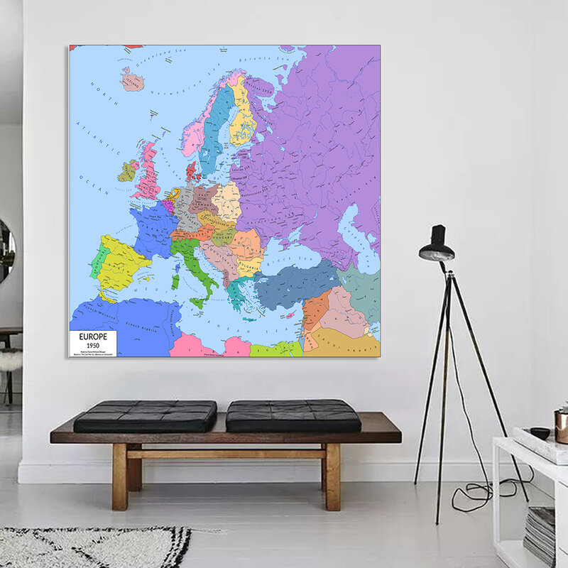 Póster de pared Retro de 150x150cm, mapa política de Europa en 1950, lienzo de vinilo, pintura para aula, decoración del hogar, suministros escolares