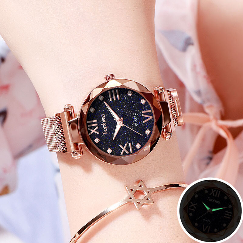 Relojes de lujo de oro rosa para mujer, minimalismo, cielo estrellado, magnético, reloj de pulsera informal para mujer, impermeable, número romano para regalo