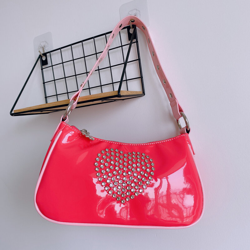 Bolso bonito Kawaii de Baguette rosa para mujer de los años 90, bolso Vintage con corazón de diamantes de imitación, bolso elegante de charol de PU, bolso axilar