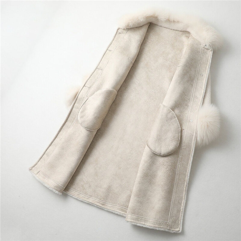 Aorice A19003 سيدة الصوف الحقيقي الأغنام القص معطف الفرو النساء الثعلب طوق الشتاء الدافئة معطف الفرو الحقيقي الشتاء معطف دافئ