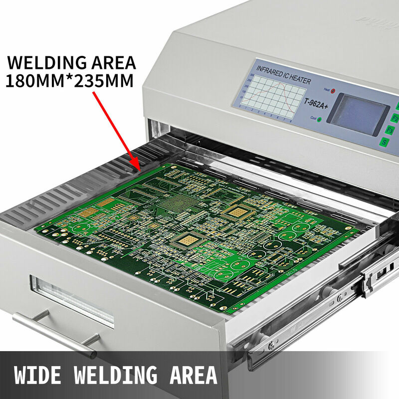 Vevor Herfusie-oven 180 x 235 mm, T962+ SMD, reflow lasapparaat SMD, automatische infrarood lasing, IC-verwarming 800 W, voor de meeste PCB-kaarten delen