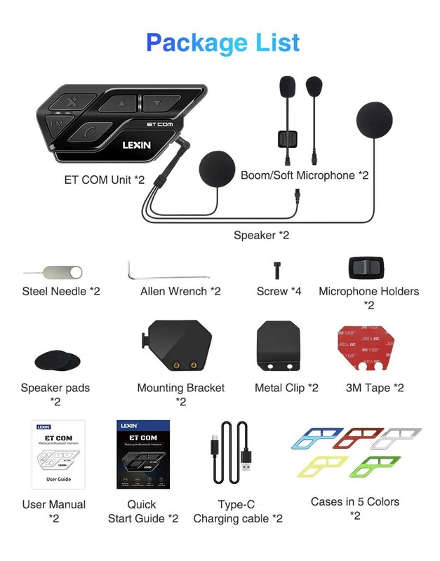 Lexin ET COM 2PCS Motorcycle Intercom Bluetooth 5.0 Helmet Headset Multicolor with FM Radio BT Wireless Intercom Moto headset