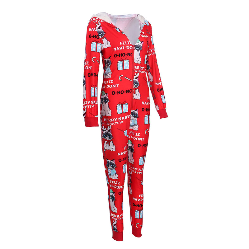 Christmas Women's Printed Sleepwear Long Sleeve Elastic Cat Elk Snowflake Romper Sleeping Jumpsuit Ziped Home Wear