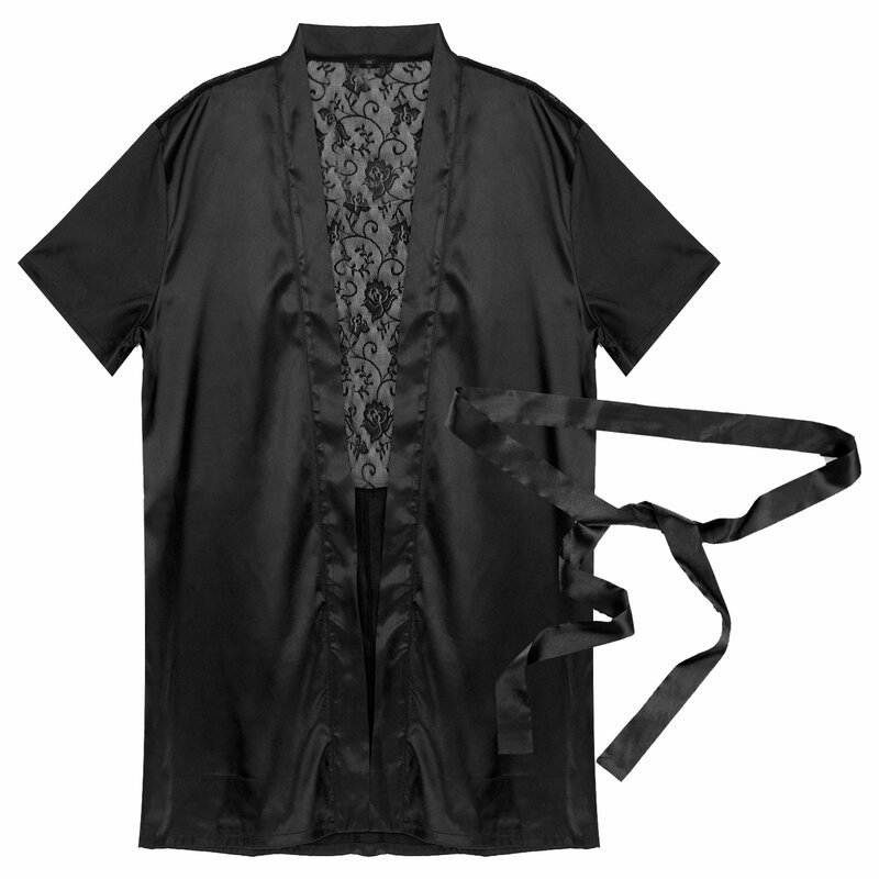 Roupão de quimono preto de cetim masculino, roupão de seda, loungewear leve, laço floral transparente, pijamas masculinos, roupa de dormir
