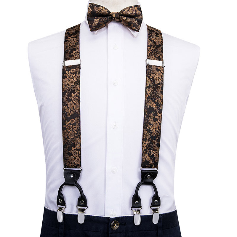 Привет-галстук 100% шелк мужские подтяжки набор золотые цветы 6 зажимов винтажные регулируемые для мужчин подтяжки галстук-бабочка платок запонки Y задние ремни