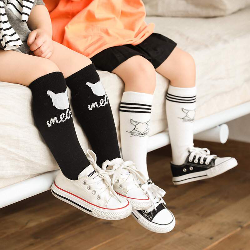 Calcetines hasta la rodilla de algodón para niños y niñas, medias a rayas sólidas hasta la rodilla, de invierno