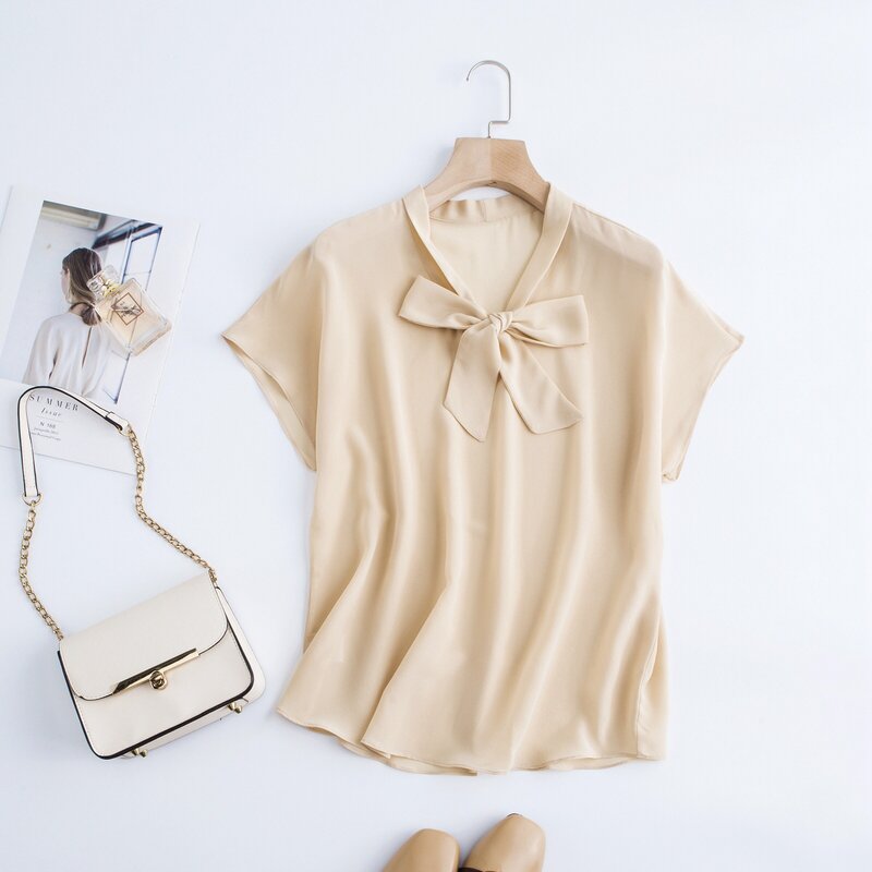 Camiseta holgada de seda 100% Natural para mujer, chaleco con lazo, ropa exterior, novedad de verano
