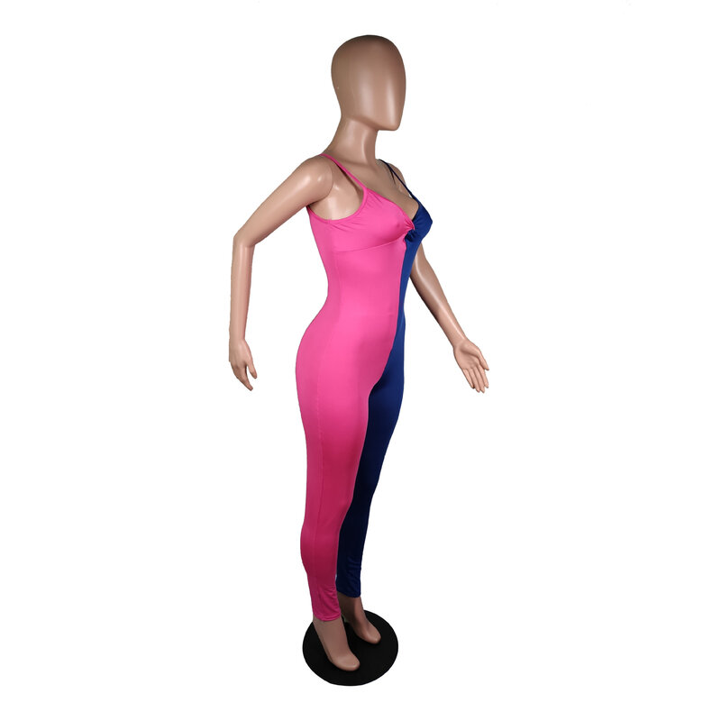 BKLD Vrouwen Skinny Jumpsuit Roze Blauw Patchwork Strap Rompertjes 2019 Zomer Nieuwe Vrouwelijke Playsuit Clubwear Elegante Jumpsuit Voor Vrouwen