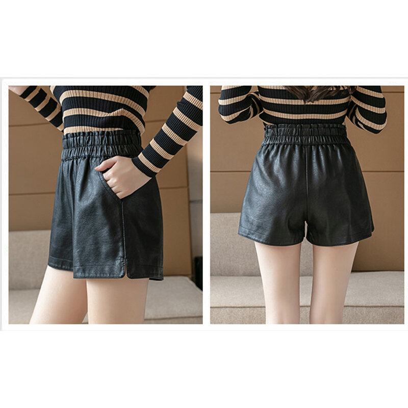 LJSXLS – Shorts en cuir PU pour femmes, 9 couleurs, poches, décontracté, jambes larges, noir, taille haute, ample, automne 2021