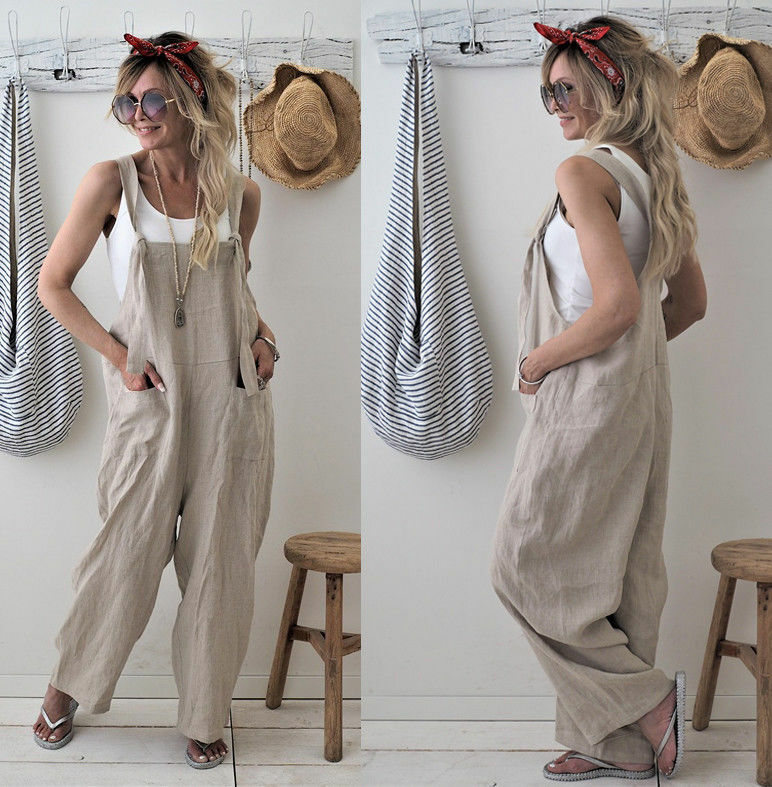 New Hot Casual Loose Wide Leg strap Jumpsuit Woman Cotton Linen Solid Pocket Romper Ladies Playsuits Overalls Large Size
