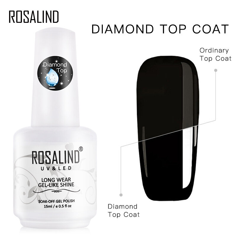 ROSALIND 15Ml Top Coat untuk Kuku Gel Polandia Diamond Transparan Rendam Off UV Primer Gel Lacquer Semi Permanen Semua untuk Manikur