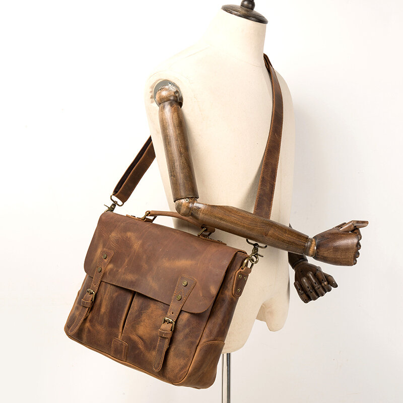 Retro Casual Leather Men Handbag Male Business Briefcase Crazy Horse Leather Cowhide Computer Bag Shoulder Messenger Bag Vintage