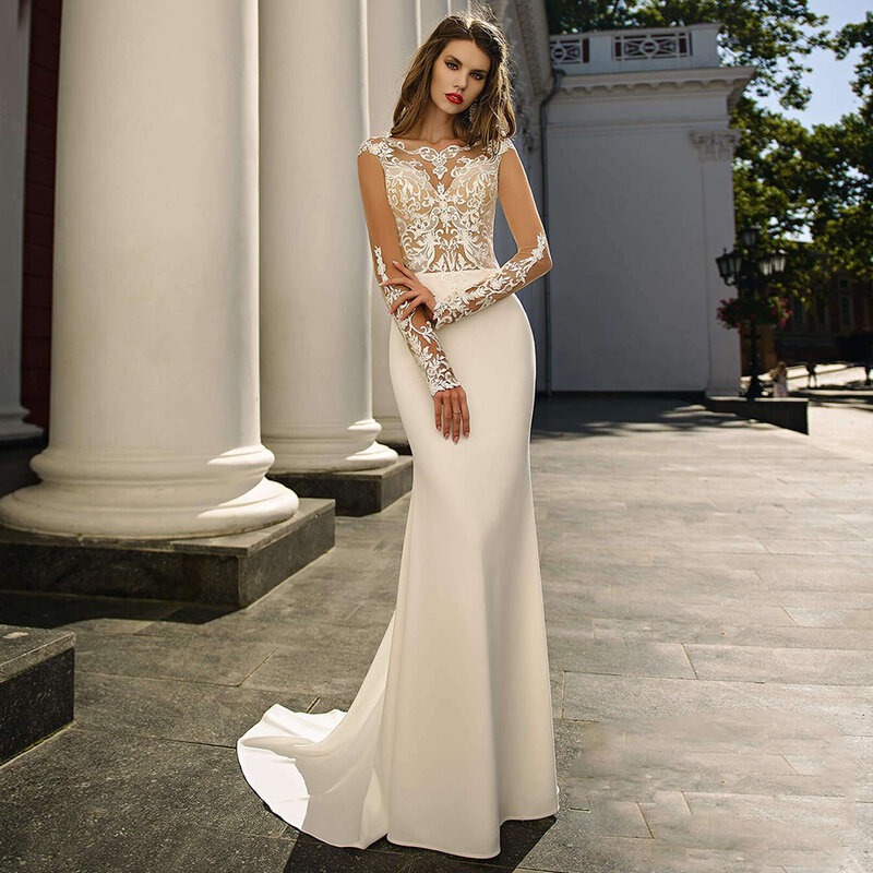Женское кружевное свадебное платье с длинным рукавом, с аппликацией и высоким воротом