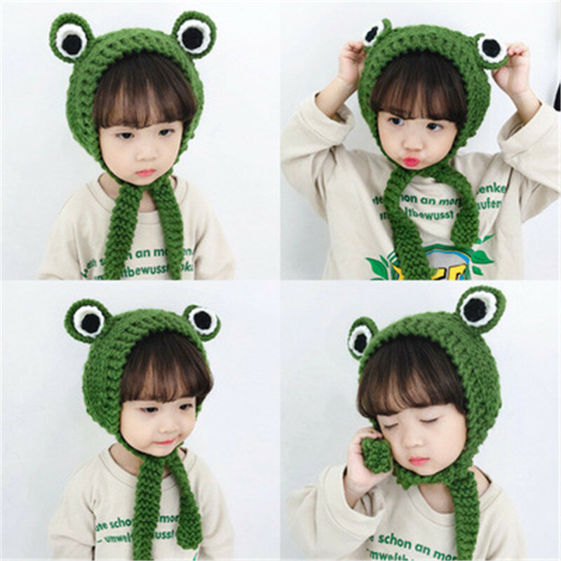 Cute Wool Earmuffs Children Winter Warmer Cartoon Frog Retro Thick Knit Lace Bag Earmuffs Kids Lovely Animal Eyes Lace Cap Girls