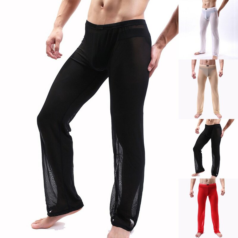 Mens Sexy Pajama Bottoms See Through Stretch Elastic Casual Pants Sheer Mesh Loose Soft Sleepwear Underwear Home Trousers