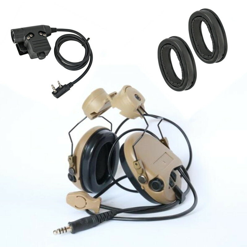 ARC helmet rail bracket electronic shooting hearing protection headset (DE) + silicone earmuffs + U94 PTT