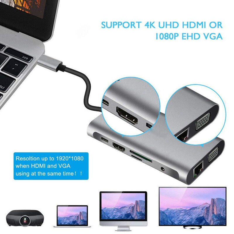 USB 유형 C 허브 유형 C-HDMI 4K VGA 어댑터 RJ45 Lan 이더넷 SD TF USB-C 3.0 MacBook Pro OTG 용 Typec 3.5mm 잭 오디오 비디오