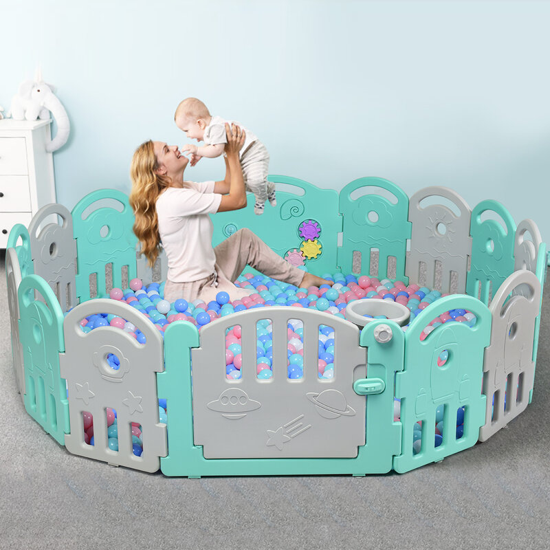 Corralito para bebés de 16 paneles, centro de juegos para niños con caja de música y aro de baloncesto