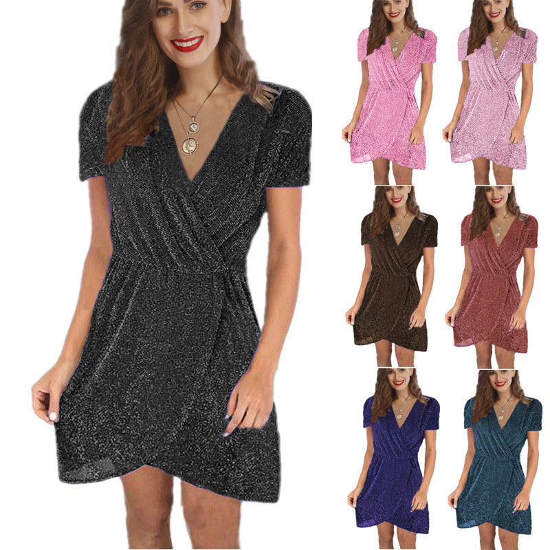 Frau kleidung OWLPRINCESS 2020 Neue frauen V-ausschnitt Unregelmäßige Kurzarm Kleid Solide Farbe, Sexy frauen Kleider