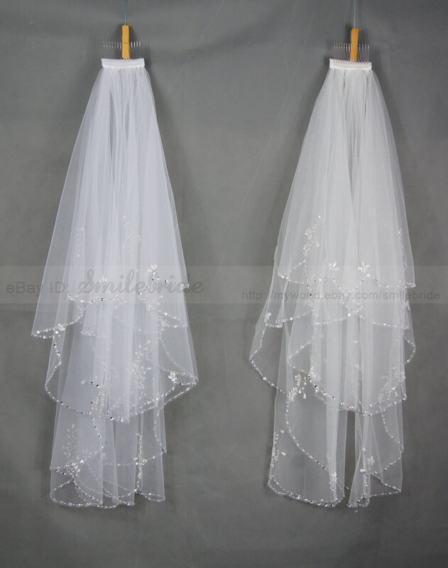Véu de noiva artesanal com 2 camadas, venda na ponta dos dedos com contas