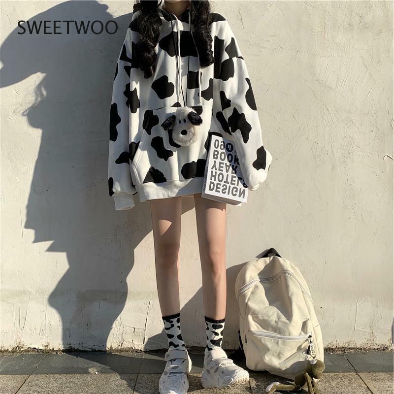 Sudadera con capucha con estampado de vaca para mujer, suéter Harajuku, Tops de manga larga para mujer, a la moda ropa de calle, Tops para mujer