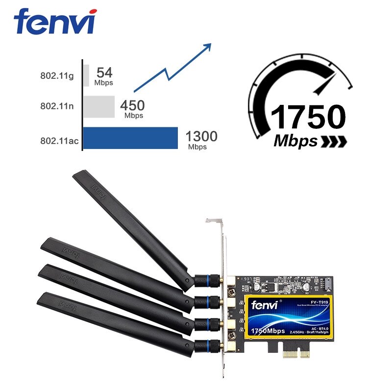 1750Mbps Fenvi T919 PCIe WiFi 카드 어댑터 BCM94360 For MacOS 매킨토시 블루투스, 4.0 802.11ac 2.4G/5GHz 듀얼 밴드 데스크탑 PC