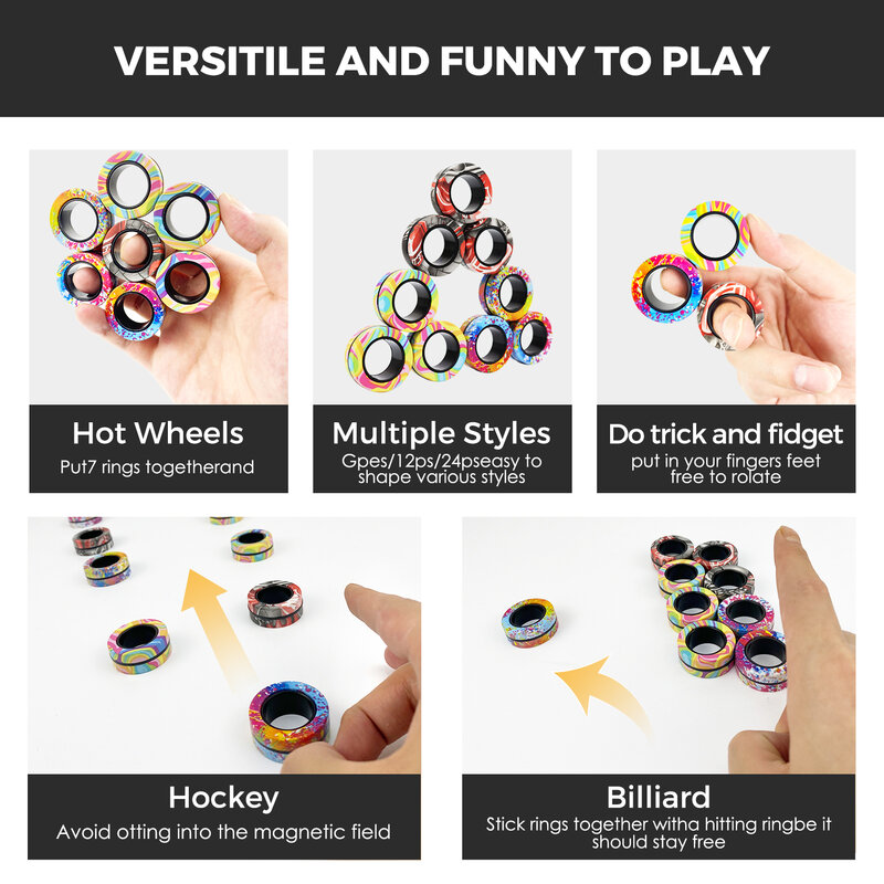 Magnetic Fidget Spinner Ring Toys Set para adultos e crianças, Brinquedos mágicos, alívio da ansiedade, anéis magnéticos dos dedos, ADHD, aleatório, 3pcs