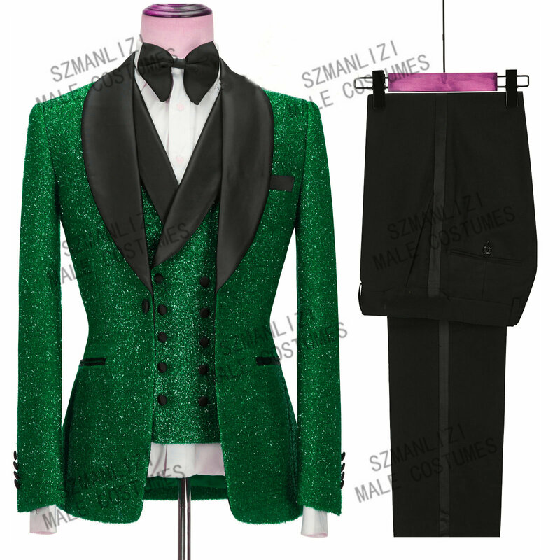 Najnowszy garnitur fasony spodni mody błyszczące czarne garnitury męskie na ślub smokingi dla pana młodego Slim Fit Terno Masculino Prom Party 3 sztuk