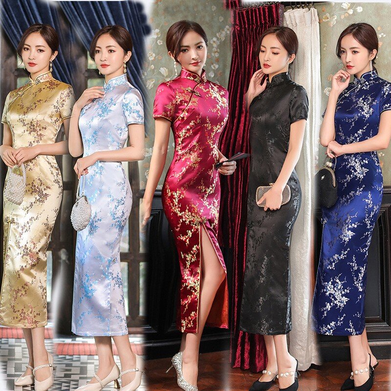 Elegancka nowa brokatowa satyna długi widelec Cheongsam chińska klasyczna damska Qipao z krótkim rękawem seksowna ślubna suknia wieczorowa 4XL