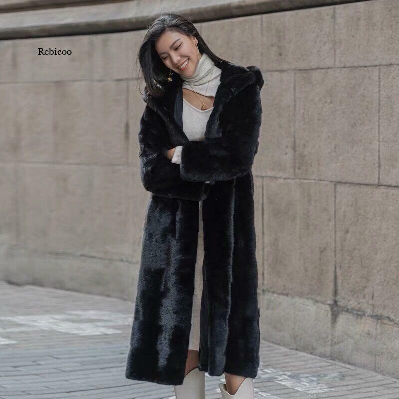 Длинное пальто с капюшоном из искусственного меха в Корейском стиле, Женское зимнее теплое Черное Женское пальто из искусственной норки с д...