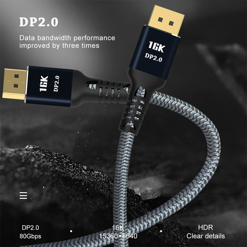 NEW DisplayPort 2.0 Cable 16K 10K HDR 16K@60Hz 4K@165Hz  80Gbps Display Port Adapter For Video PC Laptop TV DP 2.0 Display Cable