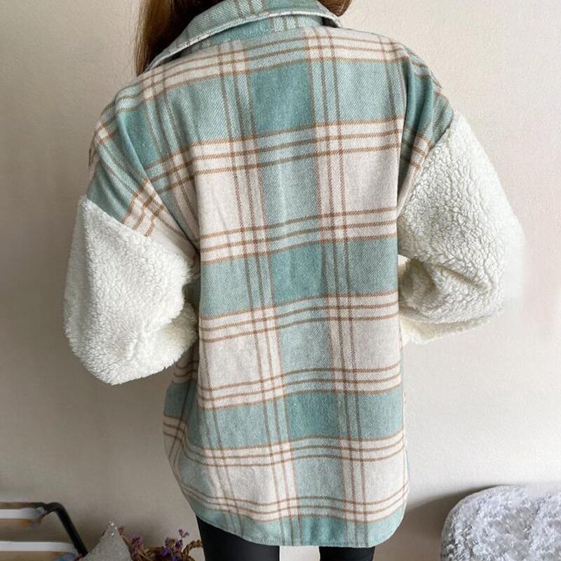 Chaqueta de manga larga con bolsillo a cuadros para mujer, abrigo cálido de piel de cordero, moda de primavera y otoño, 2021