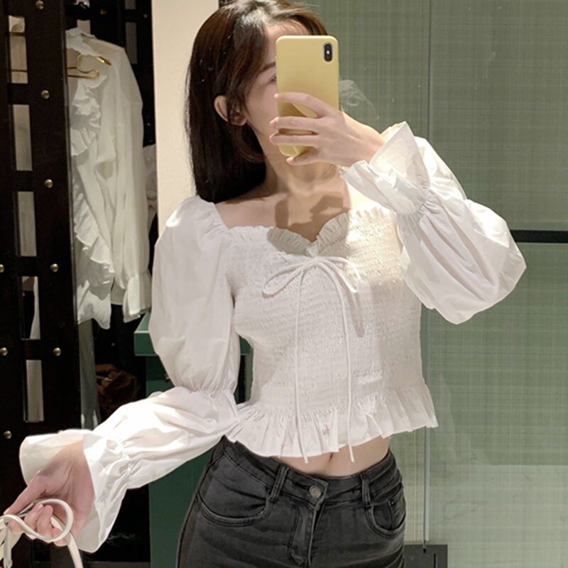 Женские Элегантные блузки во французском стиле, облегающая короткая Дамская рубашка с квадратным воротником и длинным рукавом, черный и белый топ на весну и осень, 2020