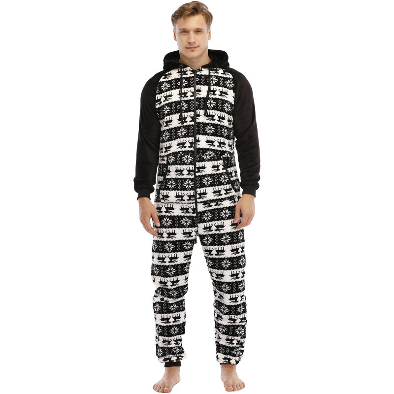 Homem flanela macacão de manga comprida moletom masculino pijama de uma peça casual natal preto impressão agasalho