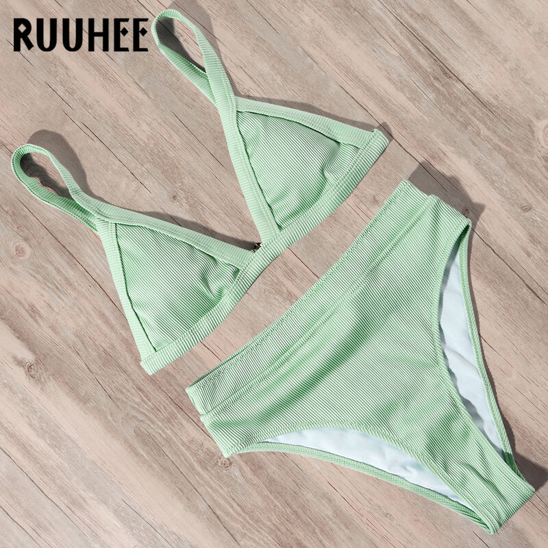 Ruuhee biquíni feminino 2020 de cintura alta, roupa de banho sensual e sólida, roupa de praia estilo push up