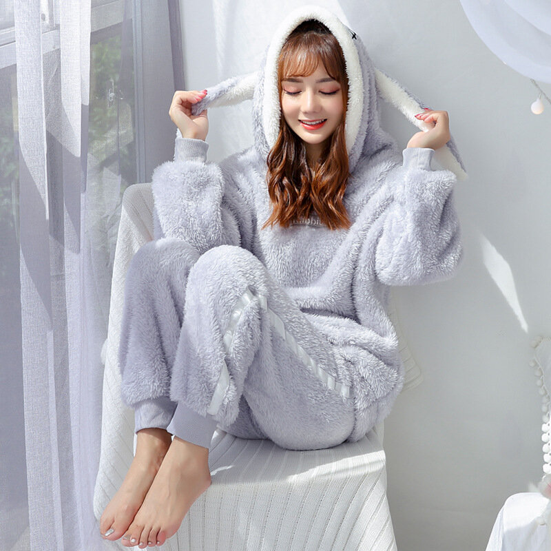 Осенне-зимний теплый пижамный комплект 2021, повседневный Женский комплект, утепленная фланелевая бархатная свободная Пижама с капюшоном и мультяшным кроликом