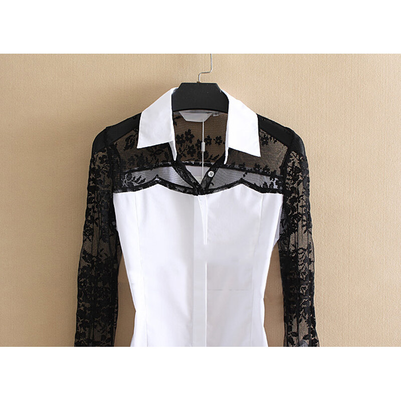 Blusa de algodón con parche de encaje para mujer, camisa de manga larga con cuello vuelto, color blanco, para oficina