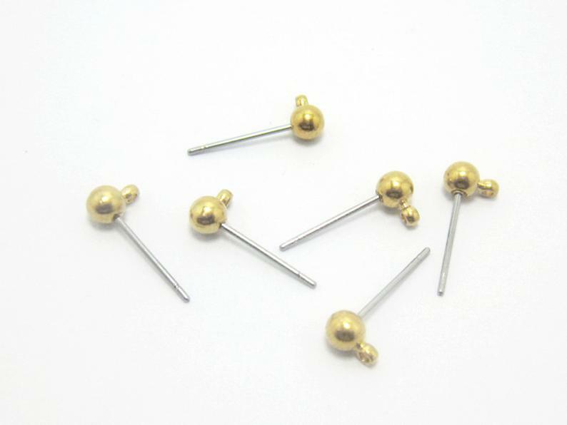 20pcs Tiny Ball Earring Post, Brass Earring Studs with loop, Earring Accessories, 15x6x4mm, Brass Earrings, Jewelry making R205