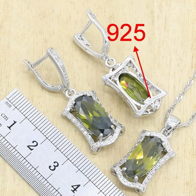 Peridoto verde 925 conjunto de joyas de plata para mujer, con pulsera, pendientes, collar, colgante, anillo, fiesta, regalo de cumpleaños