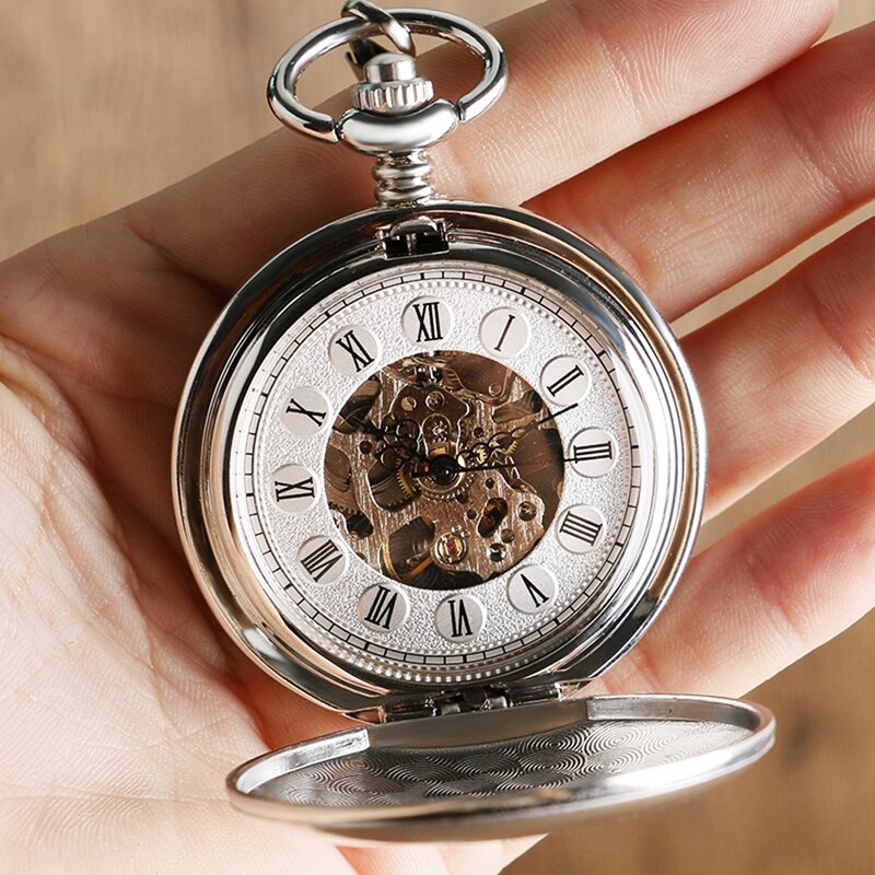 قمة الفاخرة السلس الأرقام الرومانية خمر ساعة الجيب الميكانيكية Steampunk اليد لف ساعة رجالية فوب ساعة مع سلسلة هوك
